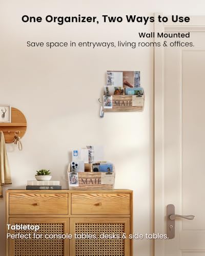 DLQuarts Solid Wood Mail Organizer Countertop & Wall Mounted, Burnt Wood