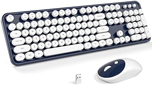 MOFII Wireless Keyboard and Mouse Combo, Computer Full Size 2.4G Plug and Play Wireless Typewriter Retro Round Keyboard and Mouse Set for Windows, Computer, Desktop, PC, Notebook - (Dark Blue)