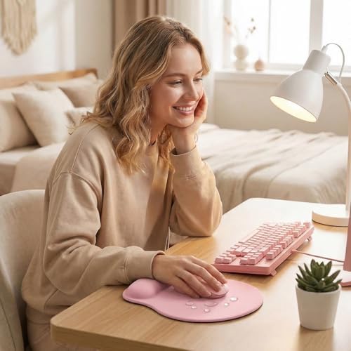 Silicone Wrist Rest Mouse Pad, Ergonomic Memory Foam Cushion, Non-Slip Rubber Base, Surface for Office, Gaming, Home - Comfortable Support to Reduce Wrist Fatigue (Pink) 1Pcs