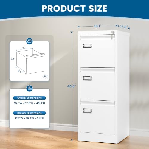 PEUKC 3-Drawer File Cabinet with Lock, 16.3" Deep Vertical Filing Cabinets, Metal File Cabinets for Home Office, Anti-Tip 3 Storage Drawers for Letter/Legal/A4/F4 Size (Assemble Required, White)