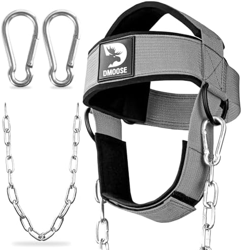 DMoose Fitness Neck Harness for Weight Lifting - Soft Padded Head & Chin Strap with 30" Heavy Duty Steel Chain - Neck Exerciser, Trainer & Strengthener to Support Injury Recovery and Intense Workouts