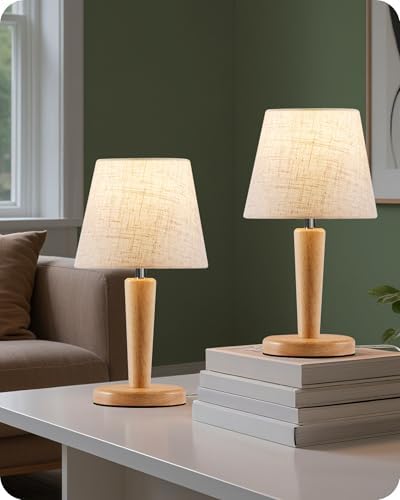 12" Wood Bedside Table Lamps Set of 2, Small Desk Lamps for Small Places, 3 Color Temperatures with Memory, Beige Linen Shade & E26 Bulbs, for Bedroom Living Room Office ME13TLP205