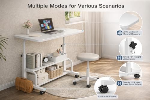 Simple Deluxe 31.5" Manual Standing Desk, Height Adjustable Mobile Computer Desk with Lockable Wheels & 2-Tier Storage, Rolling Laptop Table for Small Spaces & Home Office, White