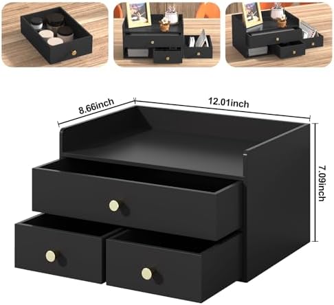 Bamboo Desk Organizer with Drawers,Wooden Desktop Storage (3 Drawers,Black)