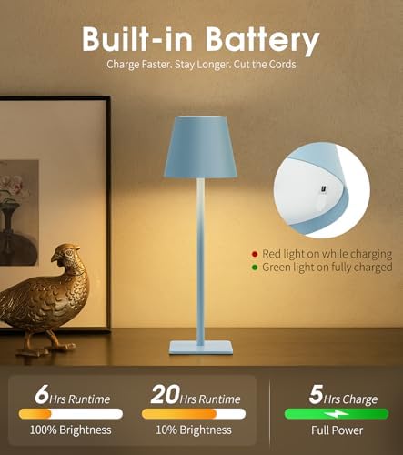 UME 3 Pack Cordless Table Lamp, Battery Operated Lamp - Portable Waterproof Rechargeable Table Lamp w/ 3 Color Temps & Stepless Dimming for Dinner, Desk, Cafe, Outdoor (Blue)