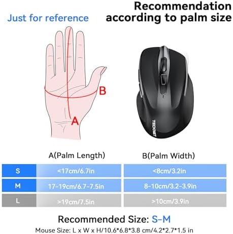 TECKNET Wireless Mouse, BT 5.0/2.4G, Silent 4800 DPI 6 Buttons, Black