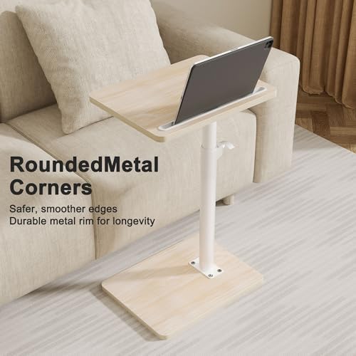 YUHFERA Sofa Armrest Tray Table for Couch - 360 Swivel Height Adjustable End Table for Small Spaces, Snack Side Table for Bed or Chair with Phone & Tablet Slot (Oak, Standard)