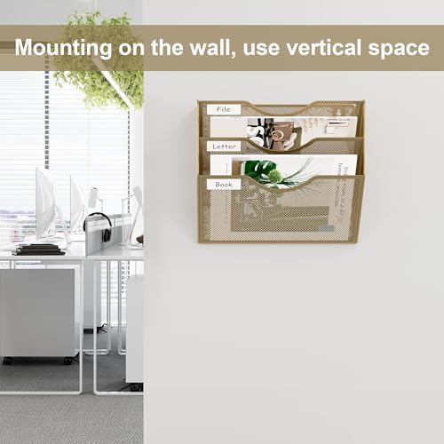 EasyPAG 3 Pocket Mesh Wall File Organizer, Hanging Paper Folder Holder with Classify Label, Vertical Wall Mount Mail Organizer for Office Home Classroom, Gold