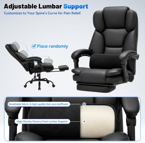 600LBS Executive Office Chair with FootRest for Heavy People High Back Ergonomic Gaming Chair with Lumbar Support Reclining Home Office Desk Chair with Pocket Spring Cushion Breathable Leather (BLACK)