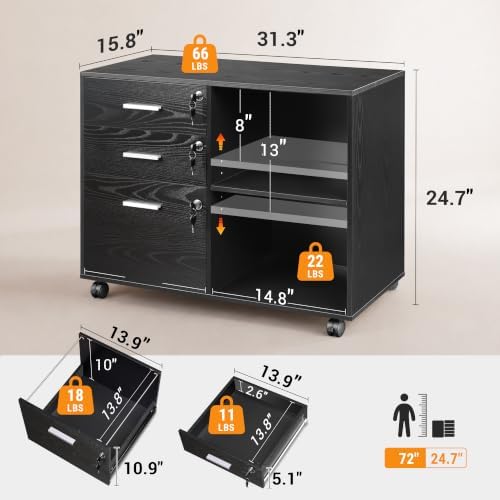 DEVAISE 3-Drawer File Cabinet with Lock, Mobile Wood Filing Cabinet, Black