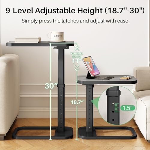 Kitstorack Upgraded TV Tray Table with Panel Lock, 90° Flip-Over Design & Adjustable Height, Sofa Arm Side Table for Eating, Laptop, Couch, Bed, or Small Spaces, Dark Gray