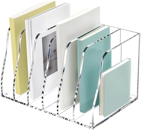 SANRUI Acrylic Magazine File Holder, 6 Vertical Compartments Desk Document Sorter Organizer, Clear Folder Rack Binder Bookstore Workspace Sorters for Office Accessories Organization Storage