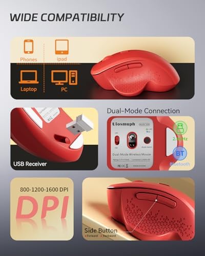 Uiosmuph G09 Bluetooth Wireless Mouse, Rechargeable Ergonomic Mouse - Red