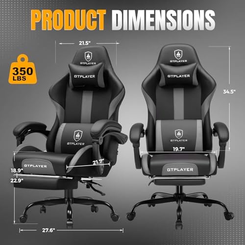 GTPLAYER Gaming Chair with Pocket Spring Cushion, Leather Office Chair with Ergonomic High Back & Lumbar Support for Back Pain Relief, Computer Game Chair for Adults, Gray