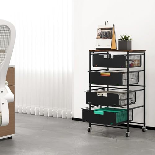EasyPAG Rolling Storage Cart with 4 Drawers, Under Desk File Cabinet on Lockable Wheels, Moviable Hanging File Folder Organizer with Wooden Printer Stand for Home Office