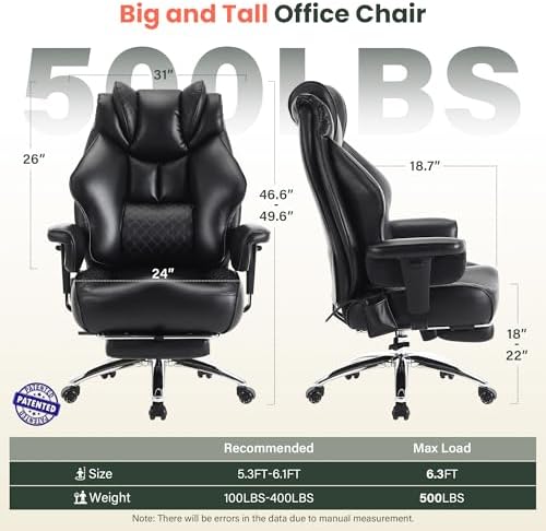 CIOMAN 500lbs Big and Tall Office Chair Adjustable Lumbar Support, Extra Wide Seat Ergonomic Gaming Chair with Footrest, Heavy Duty High Back Executive Leather Computer Desk Chair, Black