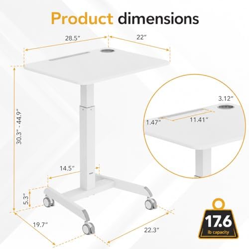 Mount-It! Laptop Cart Rolling Desk Adjustable Height with 28.5" x 22" Tabletop, Ergonomic Sit-Stand Workstation on Wheels Portable for Home Office, Dorm, Classroom, White