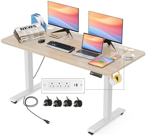 Electric Standing Desk Adjustable Height, 55'' x 24'' Stand up Desk with Outlets and 2 USB Ports,4 Caster, 27''-46'' Lifting Range, Spacious Computer Workstation for Home Office(Oak)