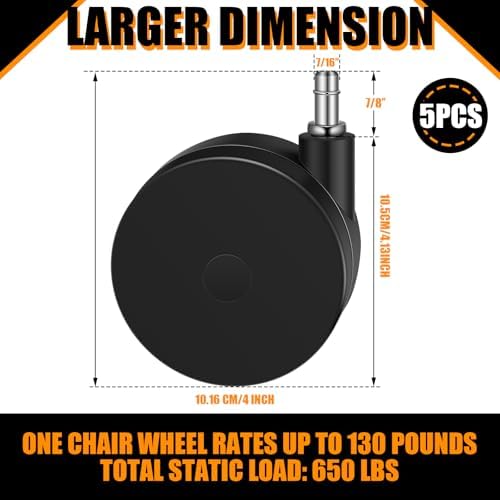 CroBlissful 5 Pcs 4'' Extra Large Chair Wheels for Carpet Heavy Duty, Black