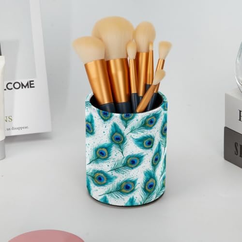 Leather Pen Holder for Desk, Peacock Feather Pencil Cup Pen Organizer Makeup Brush Holder for Office Home Kids Countertop Desk Accessory Storage