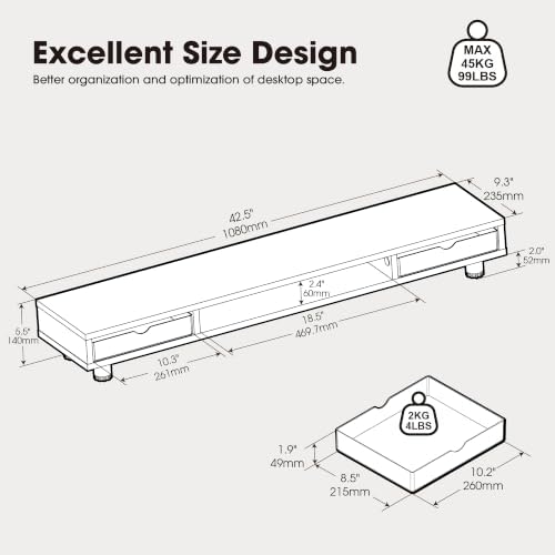 Fenge Dual Monitor Riser with 2 Drawers, 42.5in Long Desk Shelf, Dark Oak