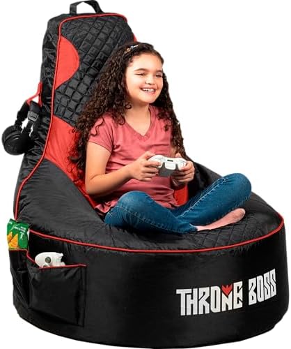 Gaming Bean Bag Chair Cover for Kids, High Back, Large Pockets, Red