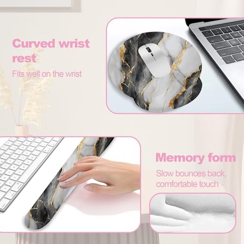 Black Gray Gold Marble Keyboard Wrist Rest Pad and Mouse Pad Wrist Support Set,3-in-1 Ergonomic Mouse Pad with Non-Slip Rubber Base for Home Office Game Computers Desk,