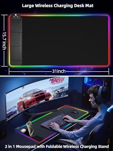 XXL Mouse Pad with Phone Holder - Black, RGB Desk Mat with 15W Fast Charging, LED Gaming Mousepad with 11 Light Colors, Waterproof Non-Slip Pad for Office & Home (Black with PD Adapter)