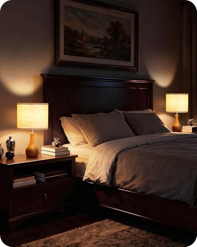 Wood Table Lamps Set of 2, Small Bedside Lamps Set of 2, Beige Linen Lampshade & Dark Pearwood Base, 14.2" Small Table Lamp, Nightstand Lamps for Bedroom, Small Space, E26 Socket, LE09TLP205