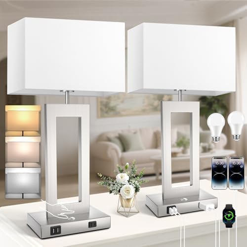 Table Lamps for Bedrooms Set of 2, 27.2’’ Tall Modern Silver Lamps for Living Room Nightstand, Touch Control Bedside Lamps with 2 USB Ports&AC Outlet, Stepless Dimming, 3 Color Temp. Bulbs Covered