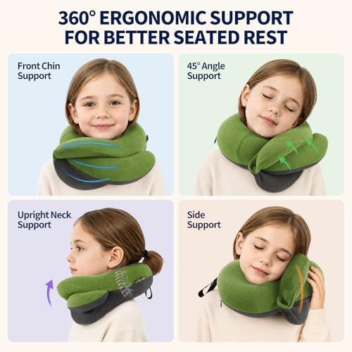 BUYUE Kids Travel Pillows for Airplane, Memory Foam 360° Head Support Sleeping Essentials for Long Flight, Skin-Friendly Soft Neck Pillow for Traveling in Car Seat, (Small, Green Grey, 40-90 lbs)