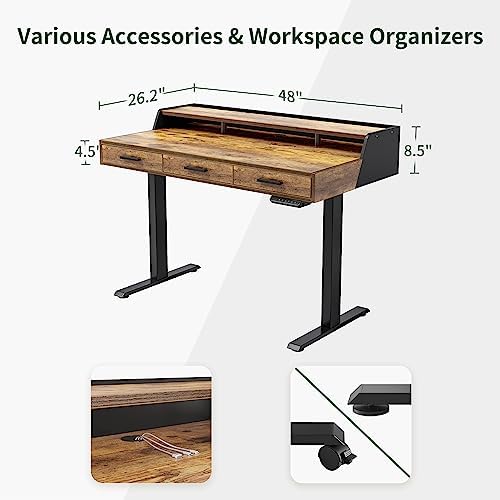 CubiCubi One-Piece Standing Desk 48x26 with 3 Wood Drawers, Rustic Brown