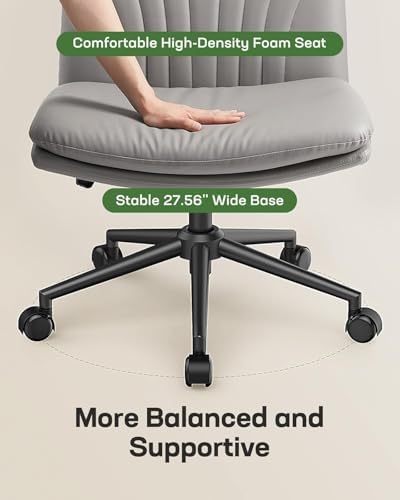 Marsail Criss Cross Office Chair with Wheels, Armless Wide Desk Chair for Active Sitting, PU Leather Cross Legged Chair for Home Office, Pet-Friendly & Easy Clean, Grey