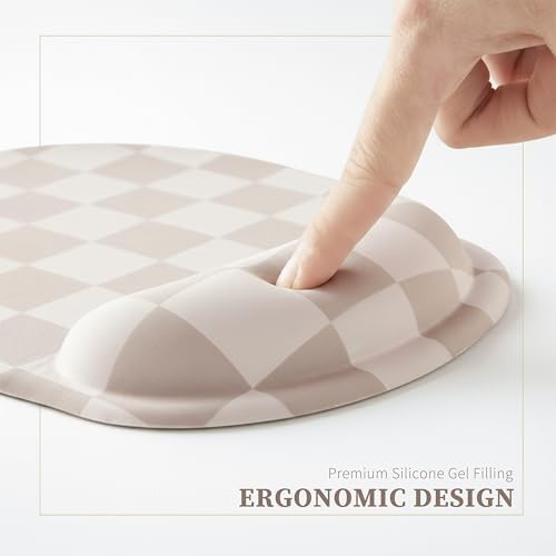 Ohocut Beige Khaki Checkered Mouse Pad with Gel Wrist Rest, Wrist Support, Ergonomic Desk Accessories for Women, Office Laptop Gaming Decor, Cute Aesthetic Check Design