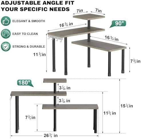 ZHWS Kitchen Countertop Organizer, Bathroom Counter Organizer, Adjustable 3 Tier Corner Shelf with 4 Metal Hooks for Counter Organize, Spice Rack, Makeups, Coffee Station Bookshelf (Rustic Grey)