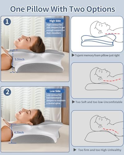 Besyodo Cervical Neck Pillow for Pain Relief - Ergonomic Pillow for Neck Support, Contour Memory Foam Pillows for Sleeping, Orthopedic Bed Pillow for Side Back Stomach Sleepers (Gray+White)