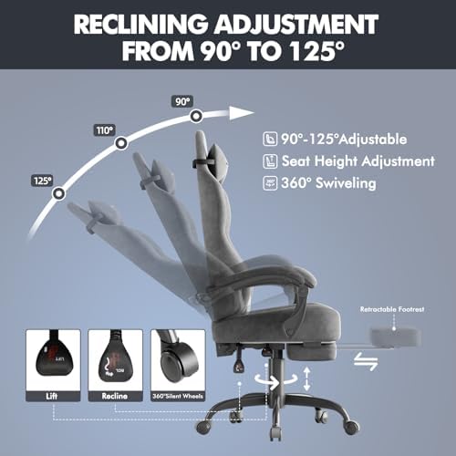 Soontrans Dark Grey Velvet Fabric Gaming Chair for Adult, Ergonomic Comfortable Video Gamer Chair with Footrest, Reclining Office Computer Desk Game Chairs with Massage Lumbar Cushion,Headrest