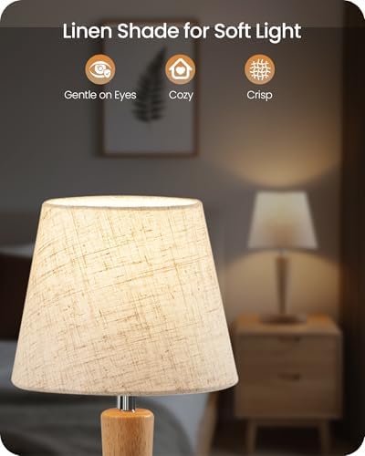 12" Wood Bedside Table Lamps Set of 2, Small Desk Lamps for Small Places, 3 Color Temperatures with Memory, Beige Linen Shade & E26 Bulbs, for Bedroom Living Room Office ME13TLP205