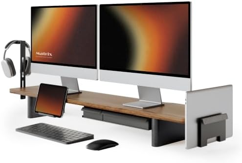 Fenge Modular Dual Monitor Stand Riser with Solid Ash Wood Leg, 42.5" Brown