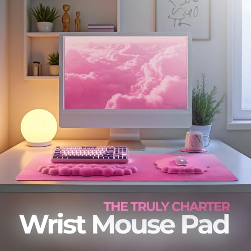 TheTrulyCharter- Cloud Wrist Rest Keyboard, Mouse Pad, Wrist Rest for Computer Keyboard, Cloud Drink Coaster and Simple Mouse Pad. (Pink- hot)