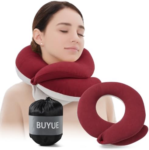 BUYUE Travel Neck Pillows for Airplanes, Memory Foam 360° Head Support Sleep for Long Flight, Skin-Friendly & Breathable, Kit with Eye Mask, Earplugs and Storage Bag (Adult, Red, 90+ lbs)