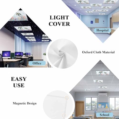 Watercolor Turtle Magnetic Fluorescent Light Covers for Ceiling Lights 2 x 4 Feet,Coastal Coral Seaweed Vintage Blue Office Classroom Kitchen Drop Ceiling Light Covers Filters Shade Panel 1 Pack