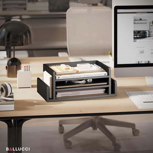 Ballucci 3-Tier Desk Organizer with 2 Side Mail Sorter Slots, Wood Letter Tray, Open Top Paper Organizer, Desktop File Organizer, Black