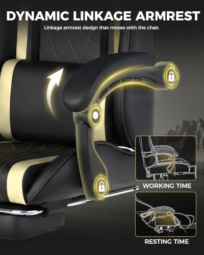 LUCKRACER Gaming Chair with Footrest, Pocket Spring Seat, 90°-135° Reclining Computer Chair with Linkage Armrests, Lumbar Support, Height Adjustment, SGS-Tested Gas Lift, 330 lbs Capacity, Yellow