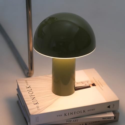 Brightech Celia Table Lamp – 10" Touch-Controlled Mushroom Accent Lamp, Cordless & Dimmable LED, Portable Bedside Accent Light, Recycled Sustainable Modern Lamp for Home Décor – Olive Green