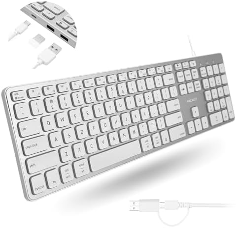 Macally Wired Keyboard for Mac with USB Hub (2X USB-A / 1x USB-C) - Compatible Backlit Apple Keyboard with Dual Interface - Auto OS Detection for Mac, MacBook, iMac, PC, Android, iPad, iOS - Silver