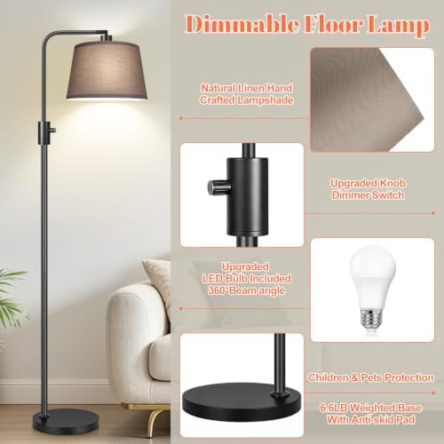 【Upgraded】 Dimmable Black Floor Lamps, 1000 Lumens LED Edison Bulb Included, Arc Black Floor Lamps for Living Room Modern Standing Lamp with Khaki Shade, Tall Lamps for Living Room Bedroom Office