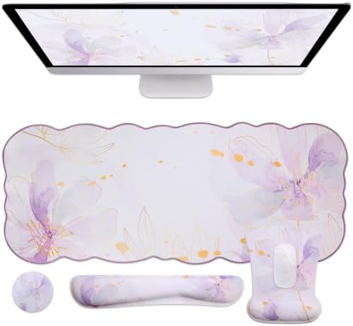Scalloped Desk Mat 4-in-1 Set, XXL Large Wave Edge Mouse Pad with Gel Wrist Rest, Memory Foam Keyboard Wrist Rest & Coaster, Watercolor Floral Aesthetic Desk Pad for Women