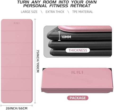 ILILI Foldable Yoga Mat 10mm, Extra Thick, Extra Long, 75x26x0.4 Inch, TPE