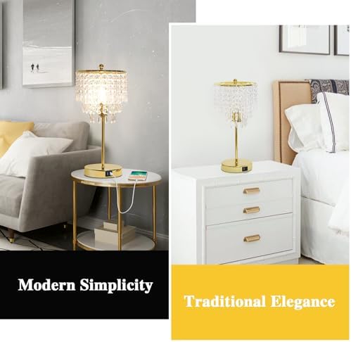 Crystal Table Lamp with USB C+A Ports, 3-Way Dimmable Touch Lamp, Gold Lamp